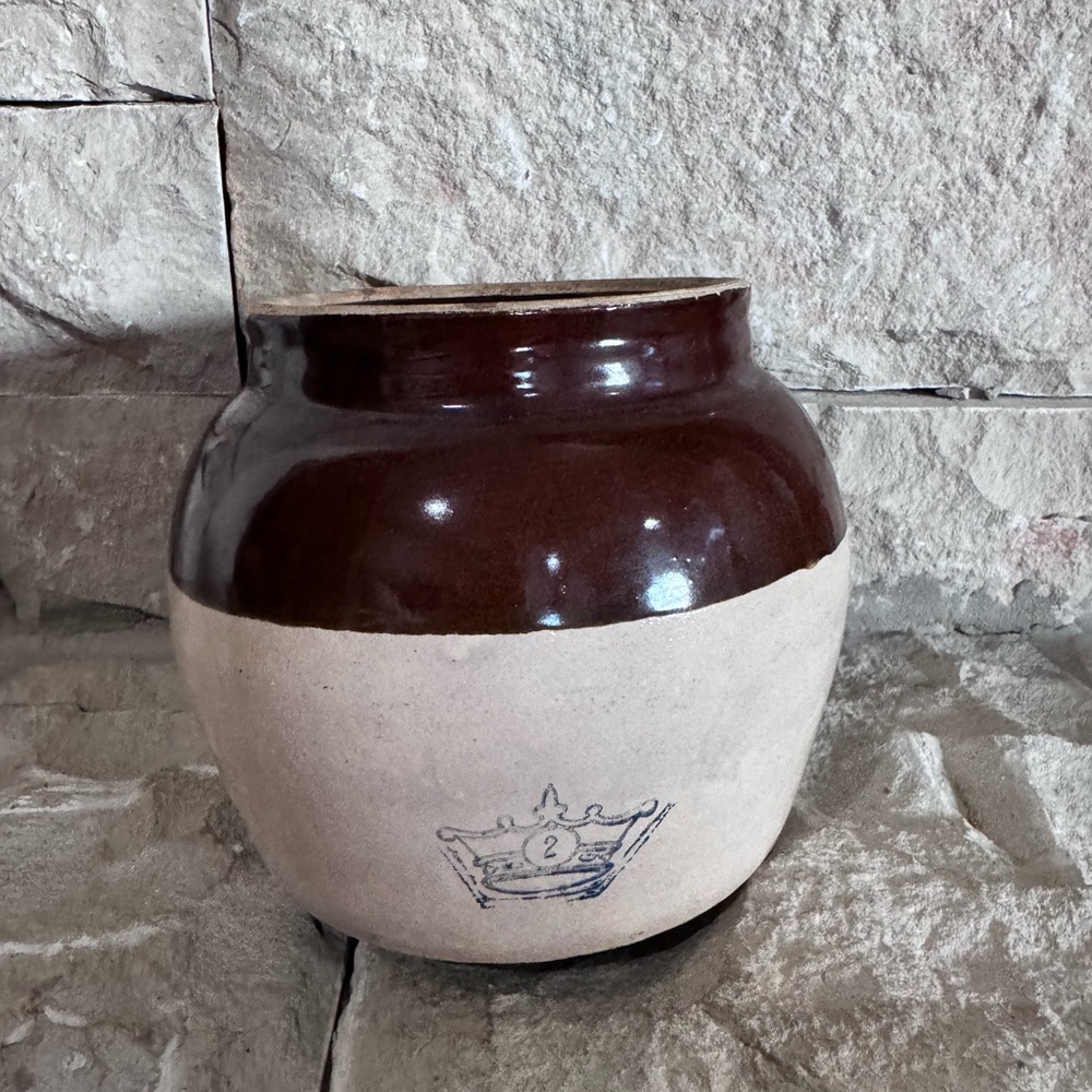 Vintage bean pot with blue stamp vintage stoneware with marking old crock. USA